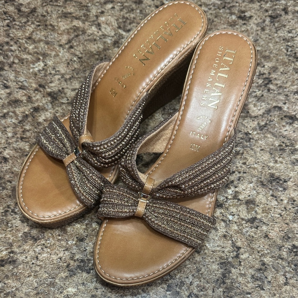 Italian Shoemakers Tan/Bronze Beaded Slide Mules 10